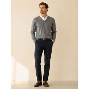 100% Extra Fine Merino Wool V Neck Sweater Mens Gray Lightweight Knit XL